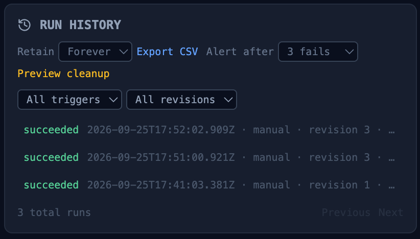 Workflow run history: timestamps, status, duration, links to run output and evidence